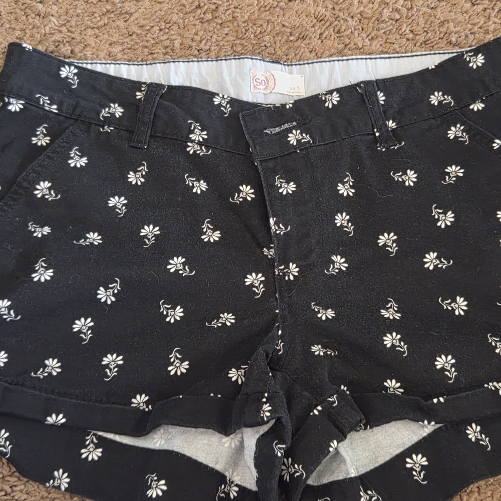 SO Black and White Jean Shorts with Whimsical Elephant Design